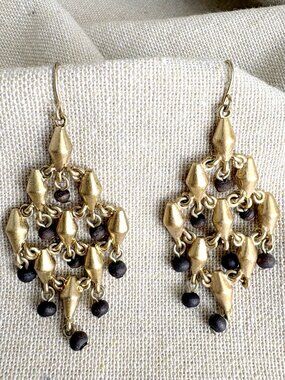 Boho Diamond Shape Woven Style Mixed Metal & Wood Bead Chandelier Dangle Earring